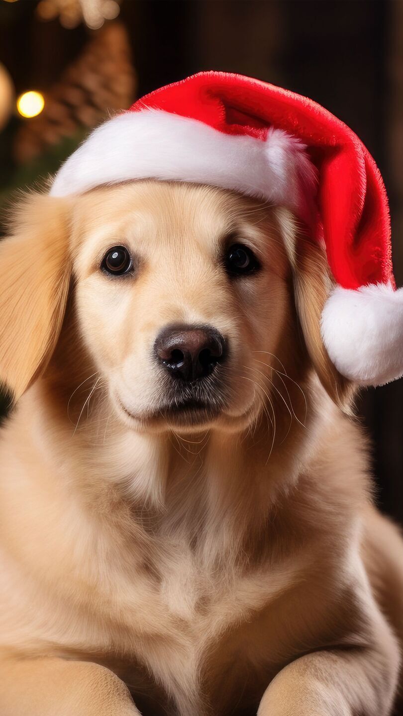 Golden retriever w czapce Mikołaja