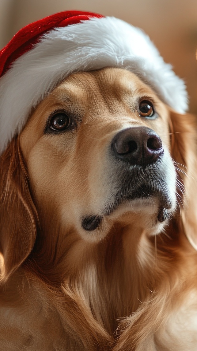 Golden retriever w czapce Mikołaja