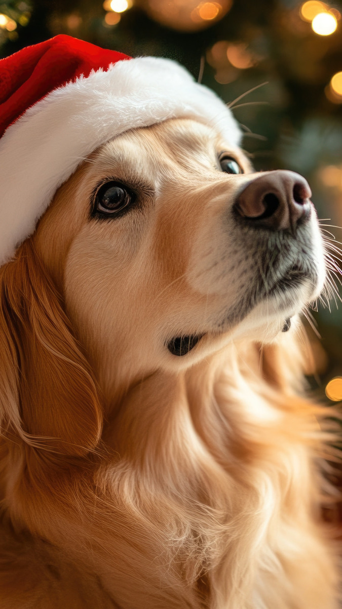Golden retriever w czapce Mikołaja patrzący w górę