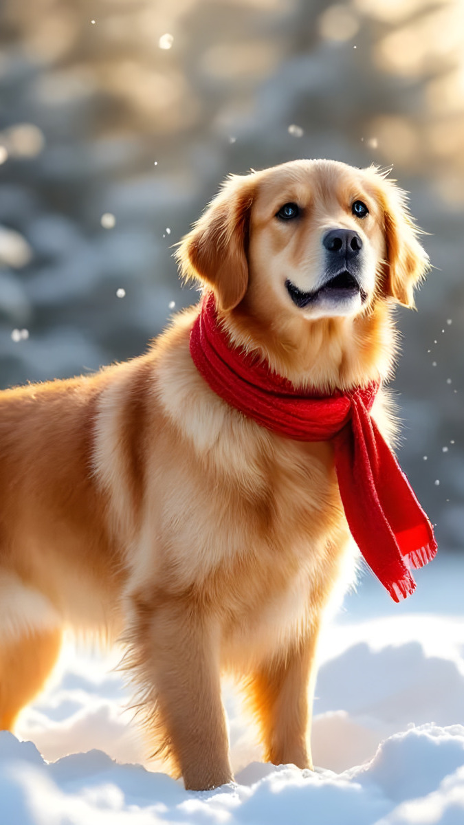 Golden retriever w czerwonym szaliku na śniegu