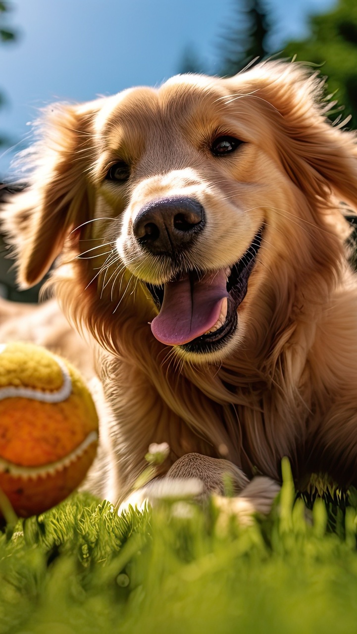 Golden retriever z piłką na trawie