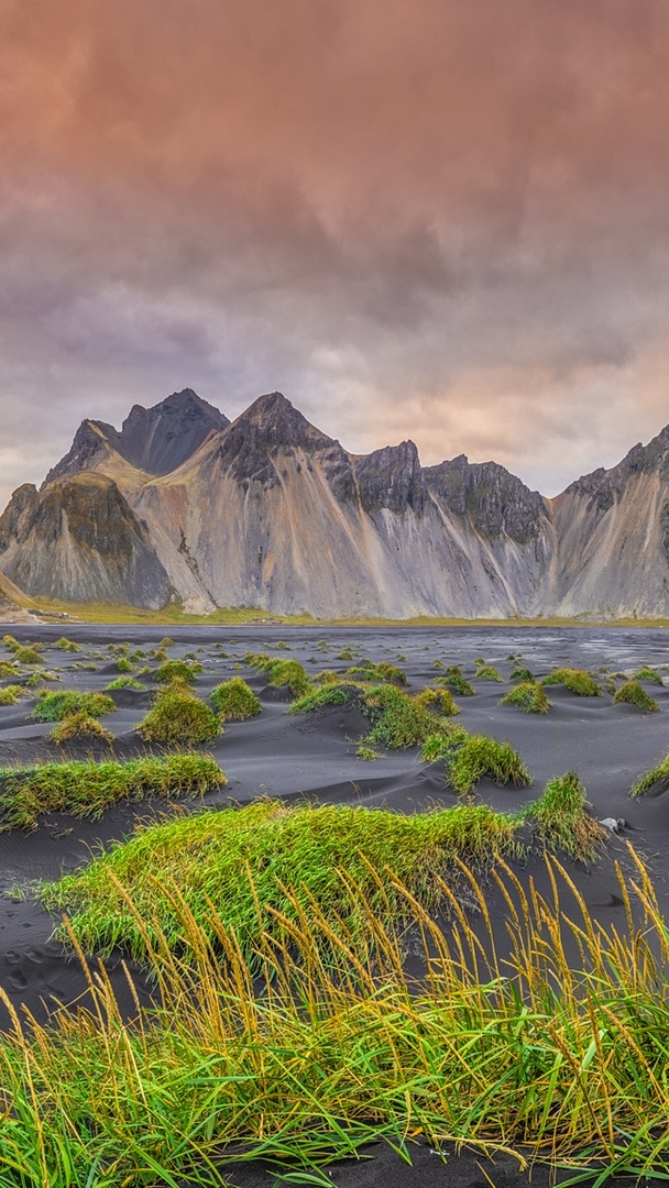 Góra Vestrahorn i kępki traw na czarnej plaży