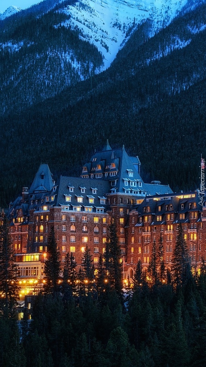 Górski hotel wśród lasów o zmierzchu