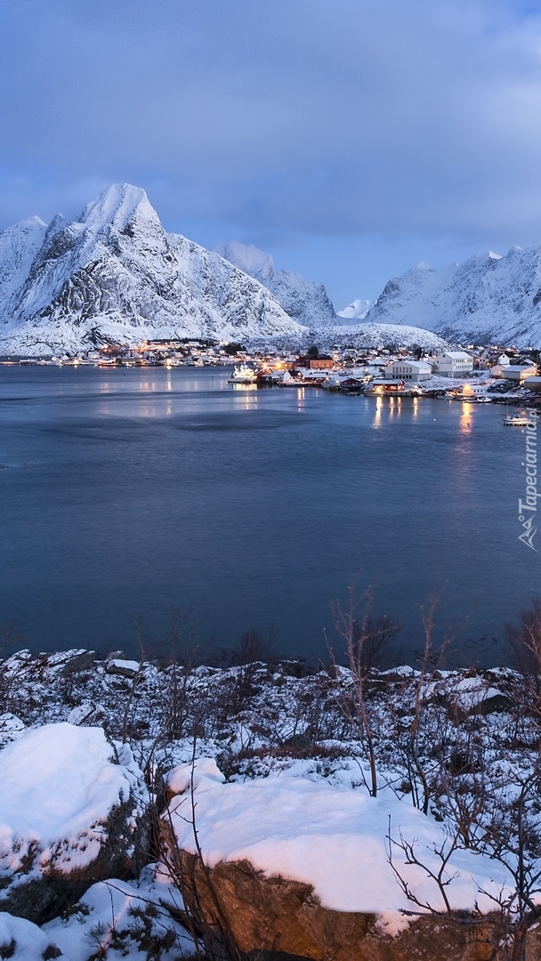 Góry i domy nad morzem Norweskim