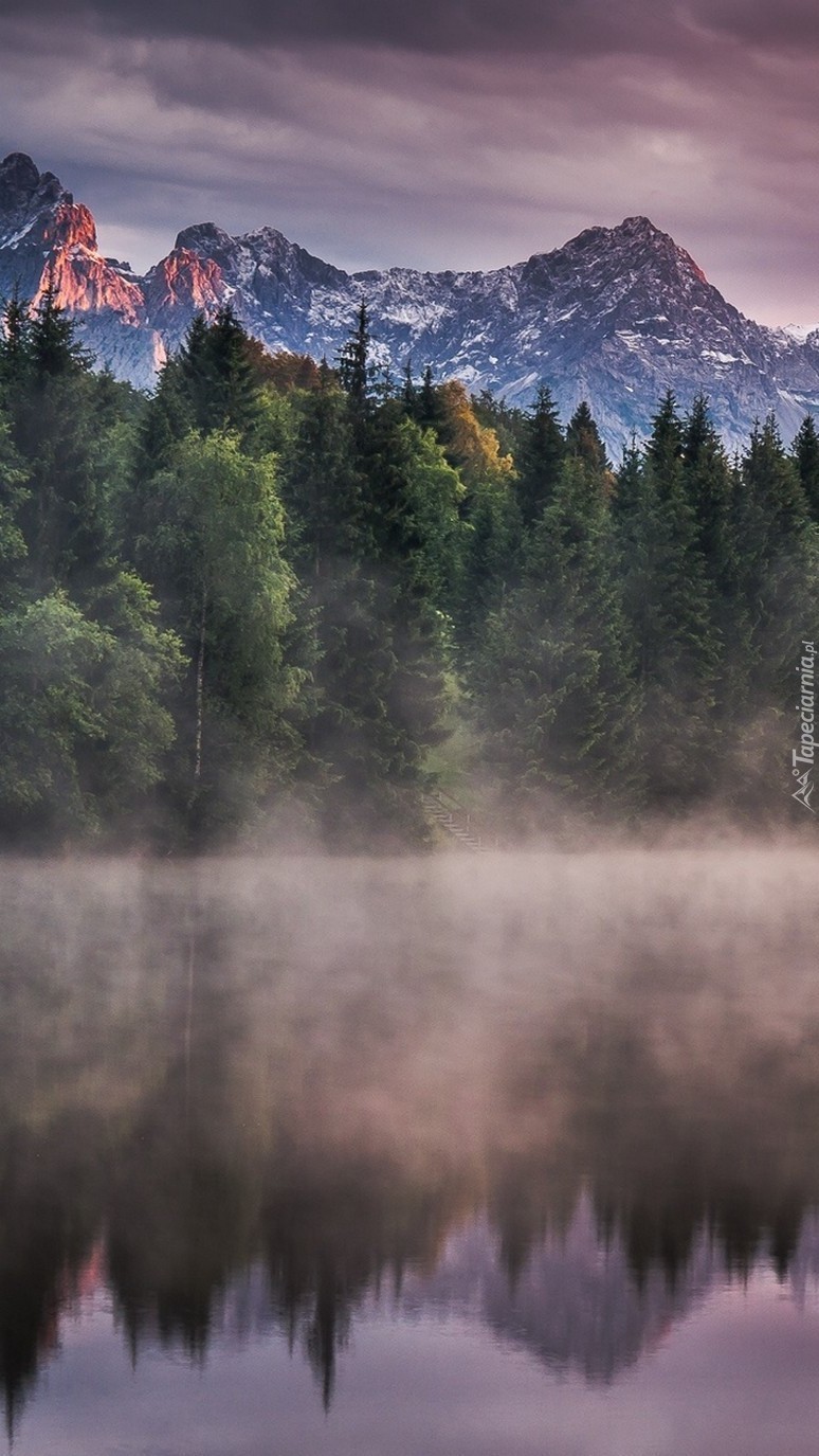 Góry i las nad jeziorem we mgle