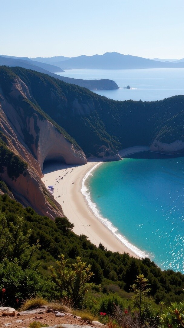 Góry i plaża przy morskiej zatoce