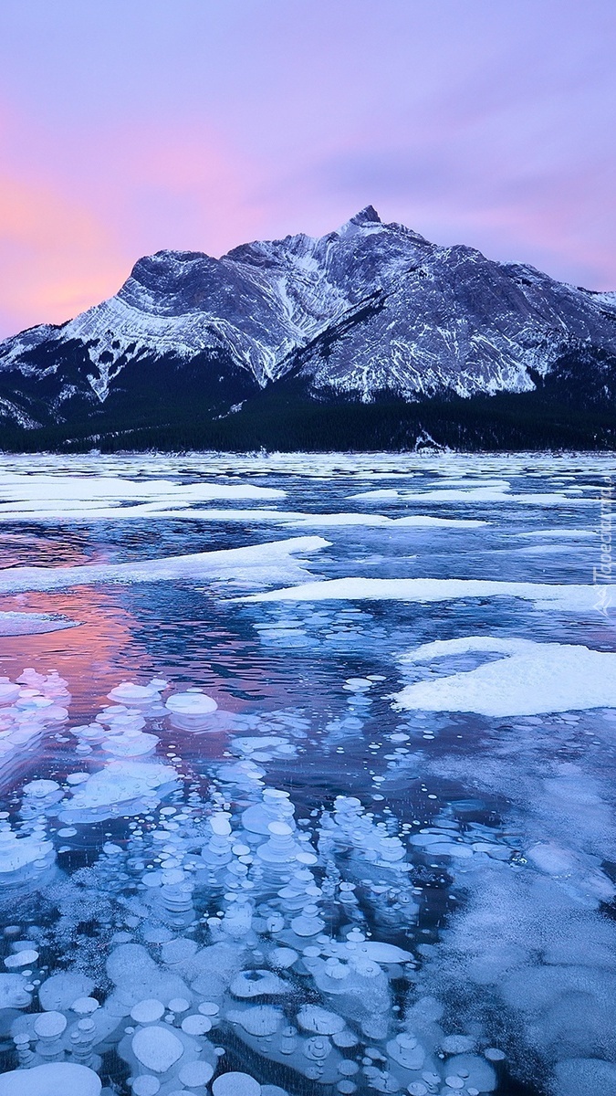 Góry i zamarznięte jezioro Abraham Lake