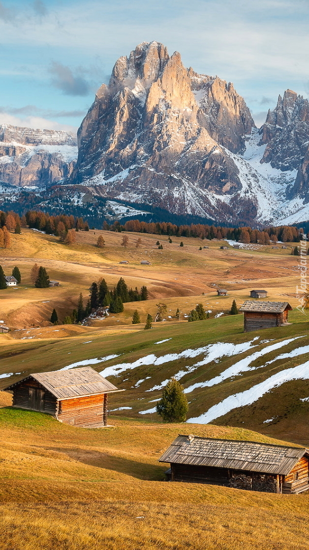 Góry Sassolungo i domy w dolinie Val Gardena