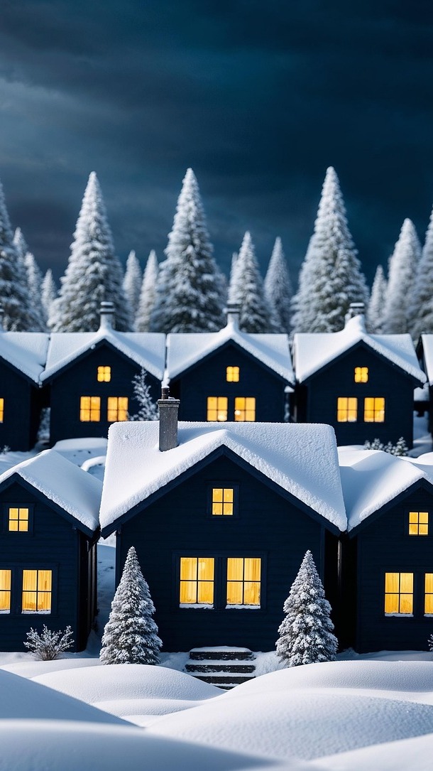 Grafika z oświetlonymi nocą domami i ośnieżonymi drzewami