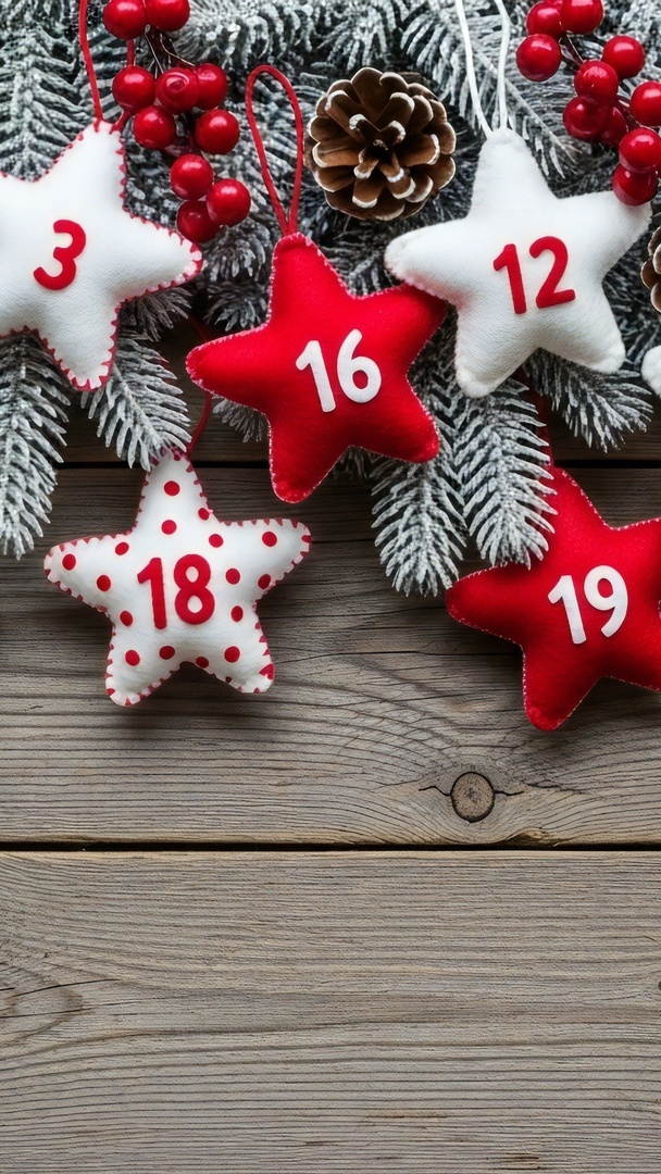 Gwiazdki z cyframi oraz szyszka i jagody na gałązkach iglastych