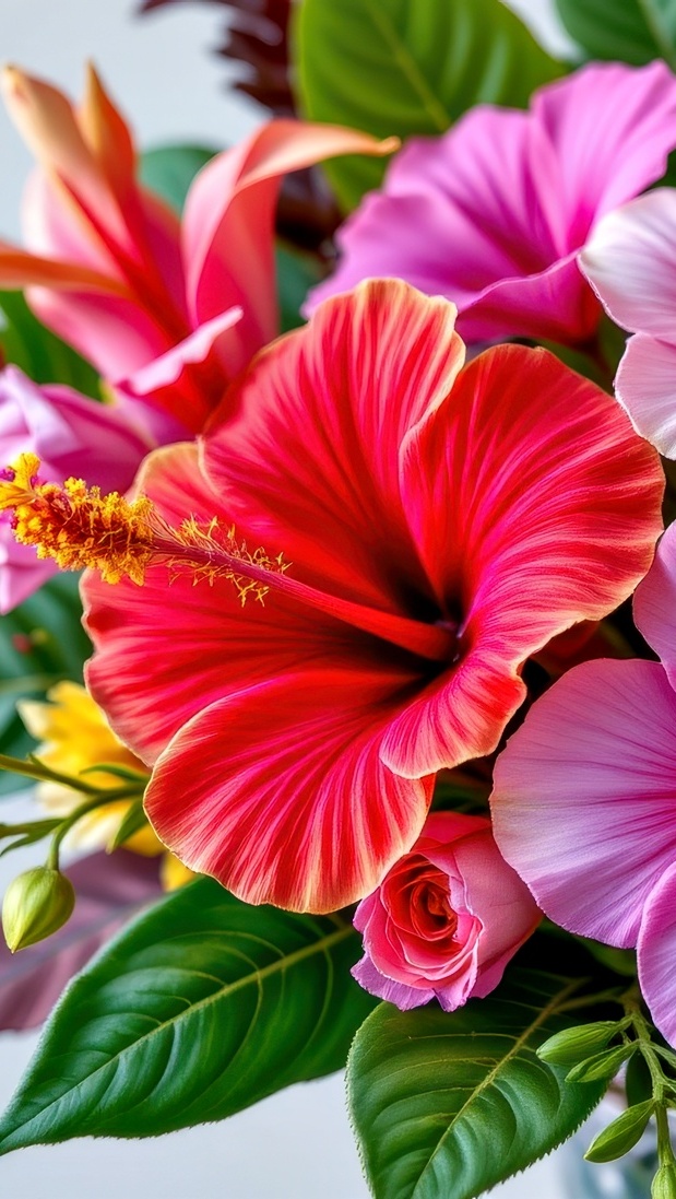 Hibiskusy i róże oraz listki w bukiecie