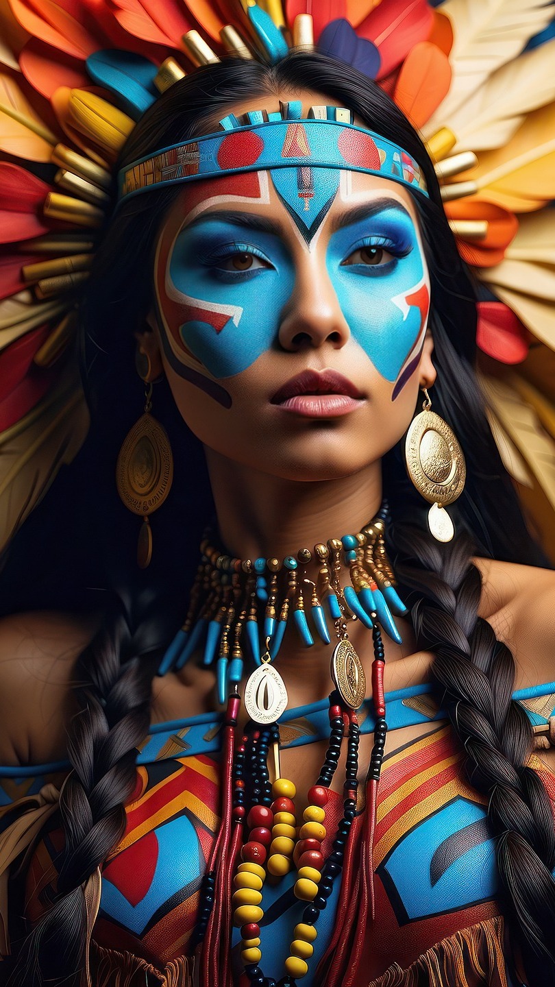 Indianka w pióropuszu z pomalowaną twarzą