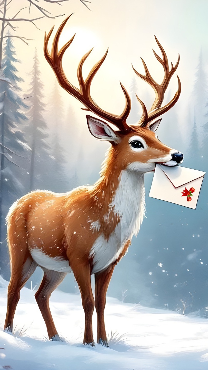 Jeleń z listem w zimowym lesie