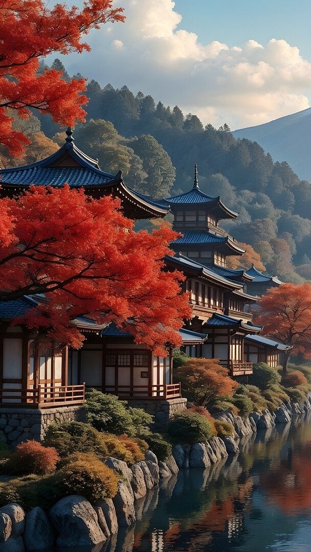 Jesienne drzewa i japońskie domy na skałach nad rzeką