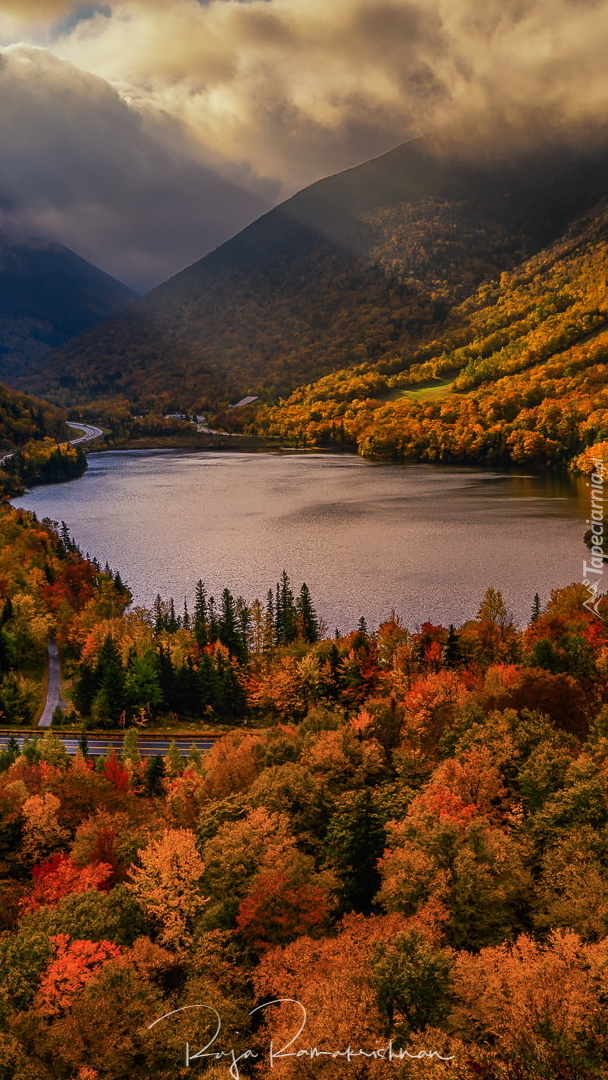 Jesienne drzewa nad jeziorem Echo Lake