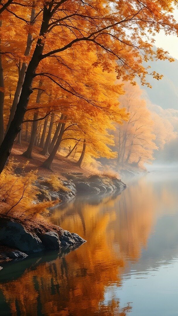 Jesienne drzewa nad zamgloną rzeką