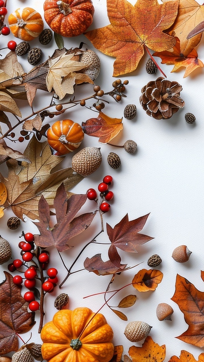 Jesienne liście klonu i małe dynie na białym tle