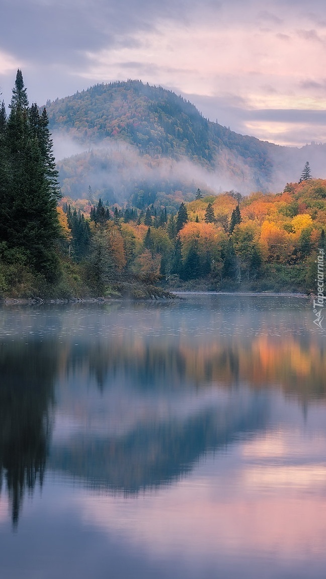 Jesienny las nad jeziorem i góry w tle