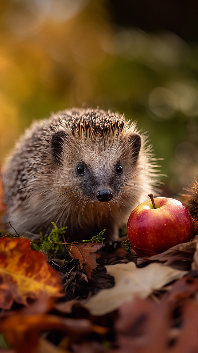 Jeż i jabłko na jesiennych liściach