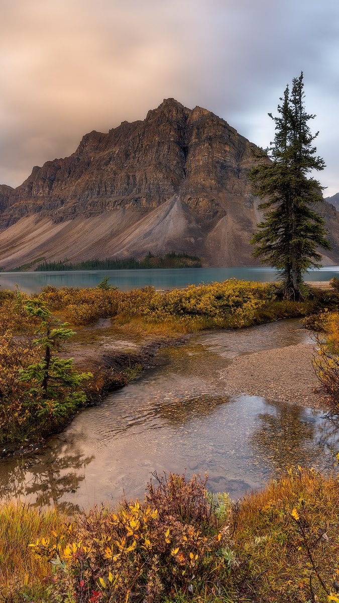 Jezioro Bow Lake i góra Crowfoot Mountain w Kanadzie