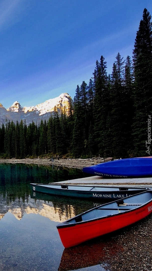 Kajaki na brzegu jeziora Moraine Lake