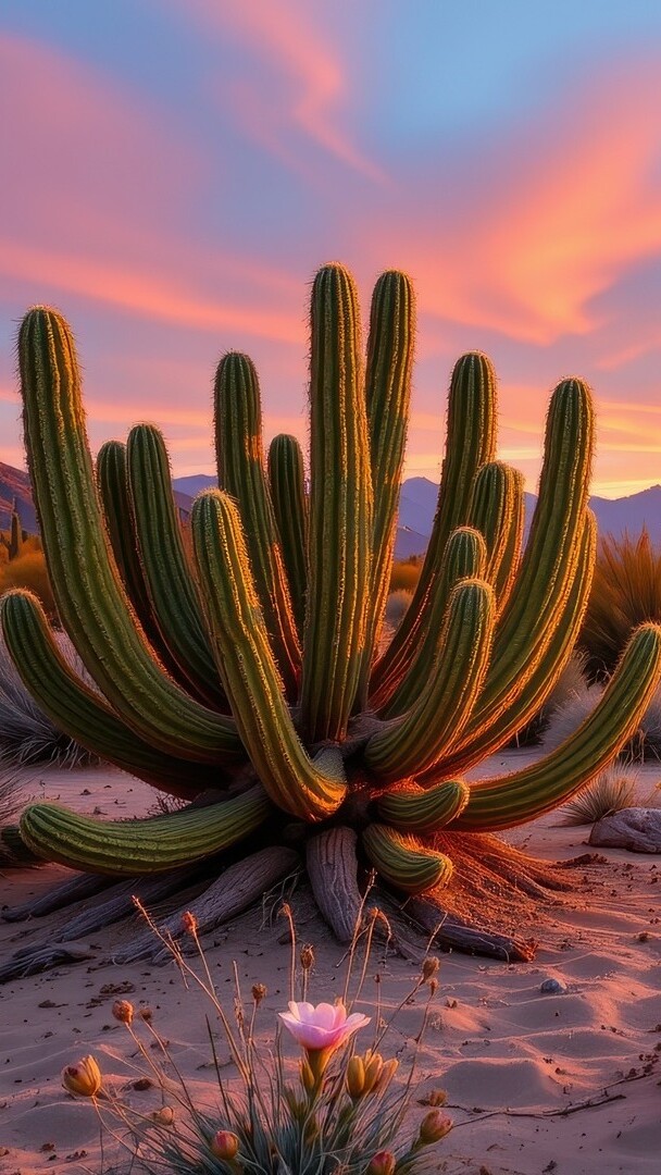 Kaktus na pustyni pod kolorowym niebem