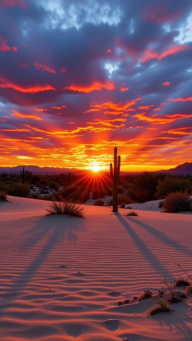 Kaktusy na pustyni pod kolorowym niebem zachodzącego słońca