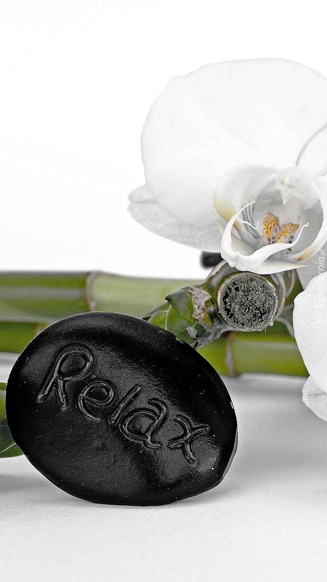Kamień z napisem Relaks przy białej orchidei