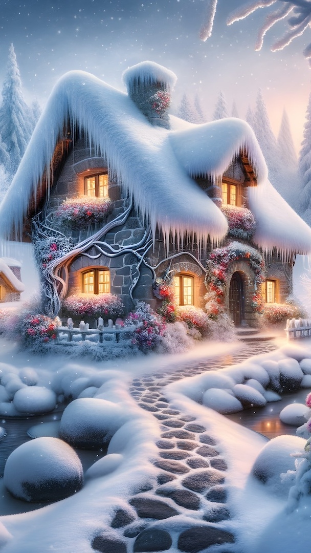 Kamienista ścieżka do oświetlonego domu zimową porą