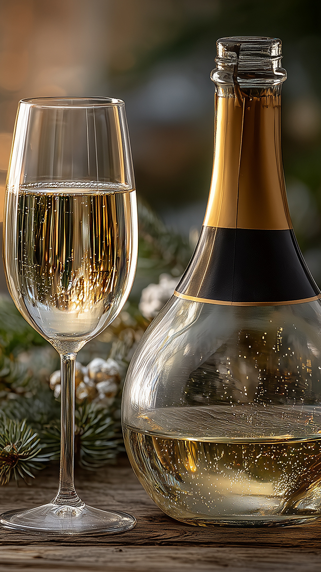 Kieliszek obok butelki szampana i iglastych gałązek