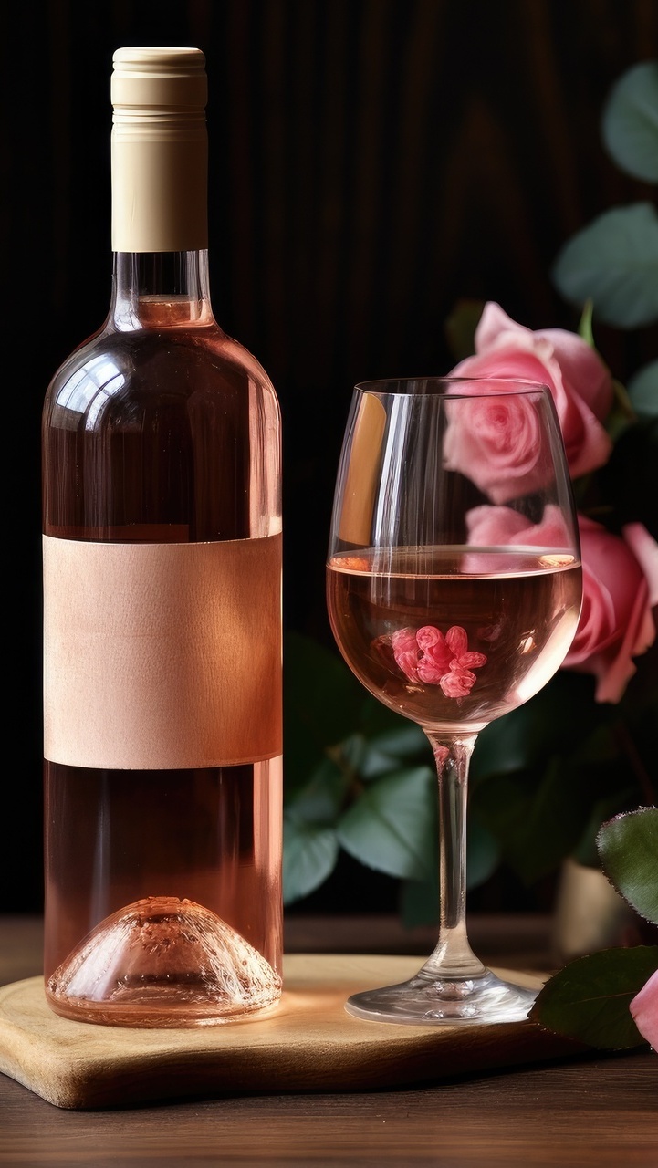 Kieliszek z winem obok butelki i różowych róż
