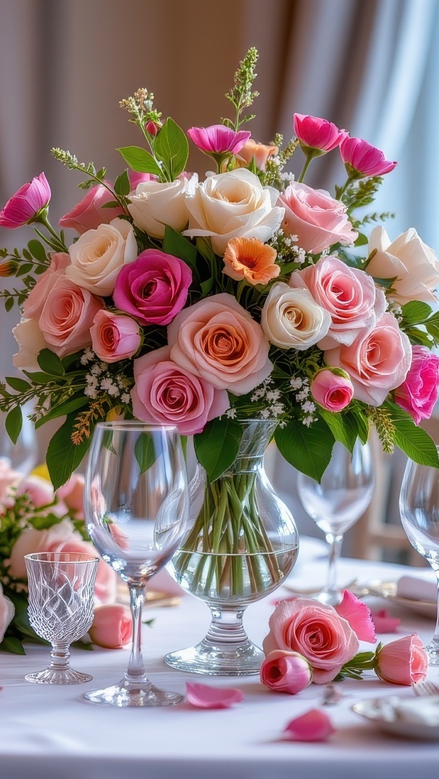 Kieliszki obok bukietu róż w szklanym wazonie na stole