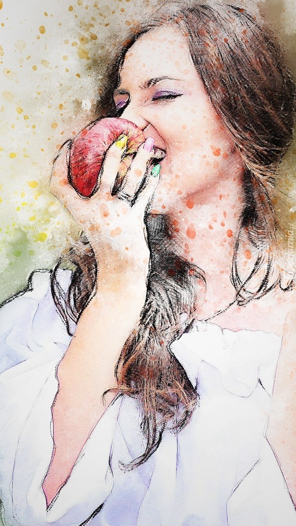 Kobieta jedząca jabłko w paintography