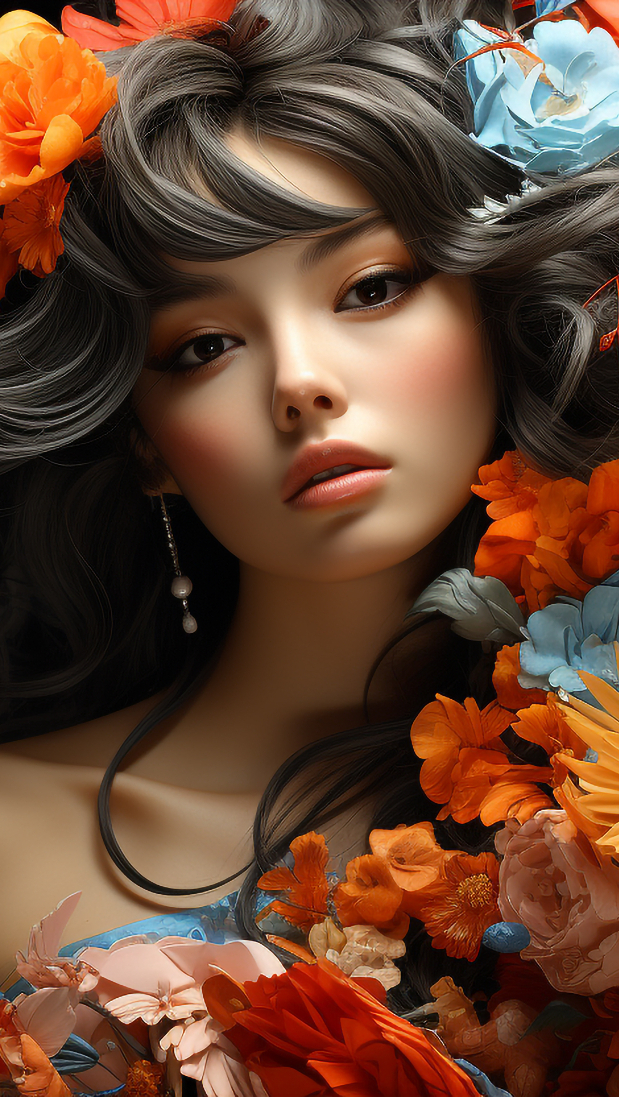 Kobieta otoczona niebieskimi i pomarańczowymi kwiatami
