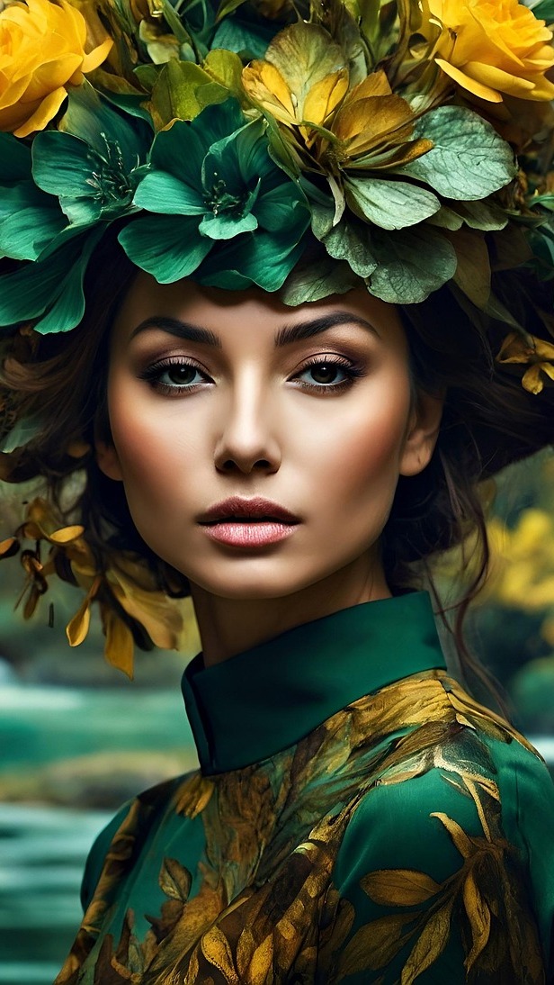 Kobieta w nakryciu głowy z liści i kwiatów