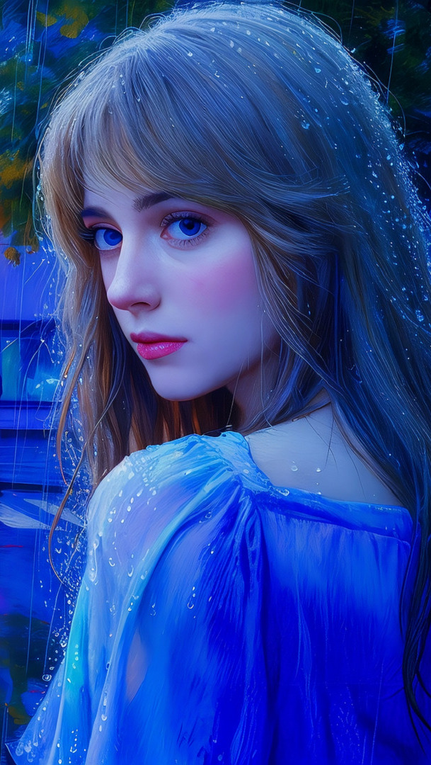 Kobieta w niebieskiej bluzce z kroplami deszczu na włosach