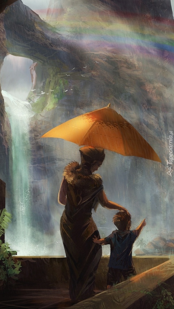 Kobieta z dzieckiem na tle wodospadu i tęczy