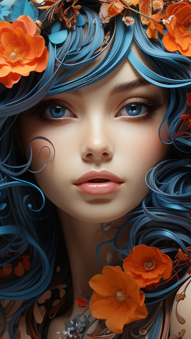 Kobieta z kwiatami w niebieskich włosach