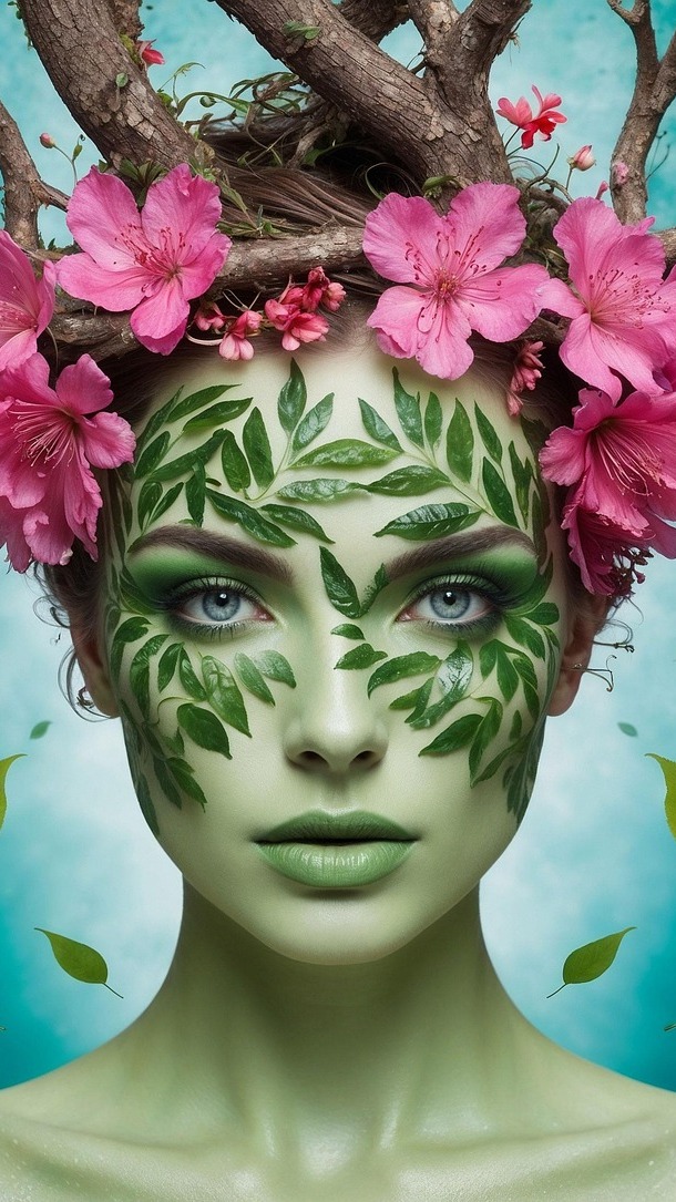 Kobieta z liśćmi na twarzy i różowymi kwiatami na głowie