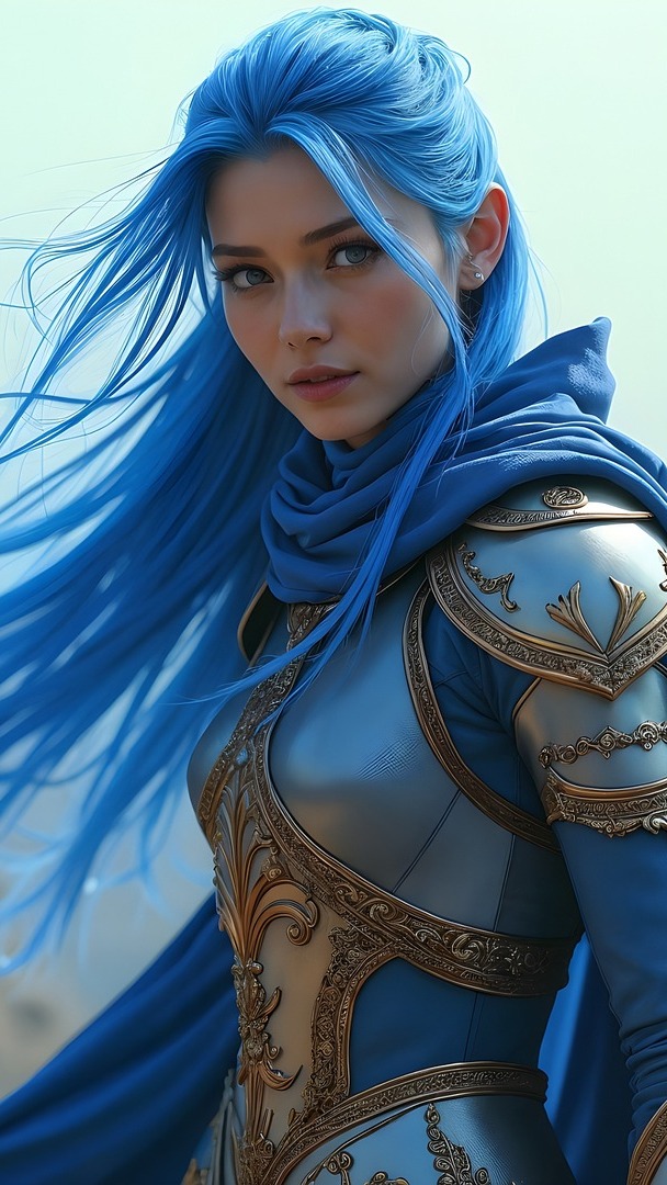 Kobieta z niebieskimi włosami w zbroi