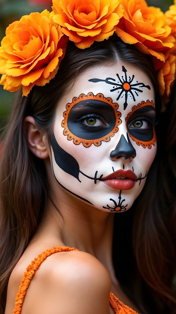 Kobieta z pomalowaną twarzą i kwiatami we włosach