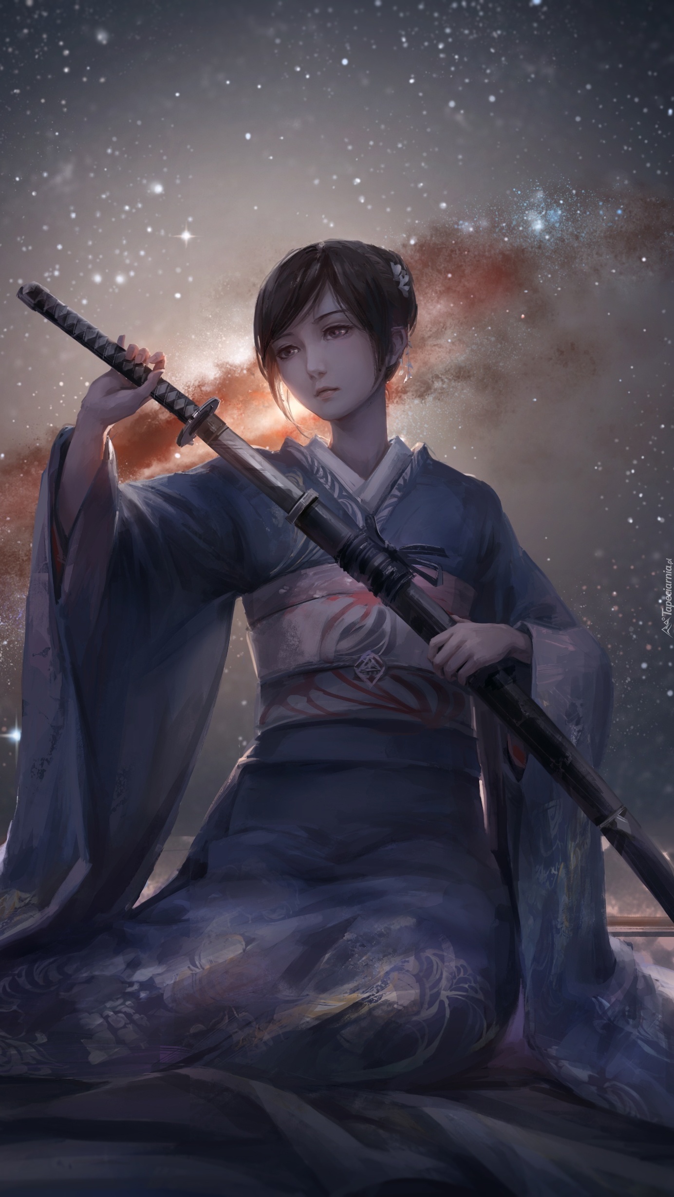 Kobieta z samurajskim mieczem na tle gwiaździstego nieba