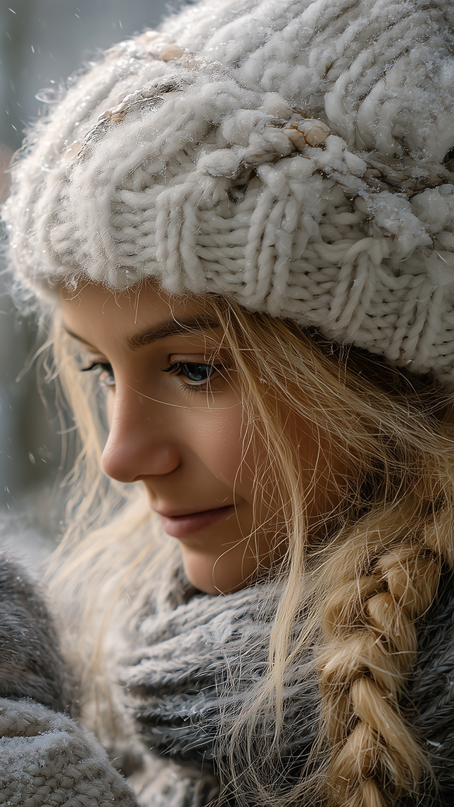 Kobieta z warkoczem w wełnianej czapce i szaliku