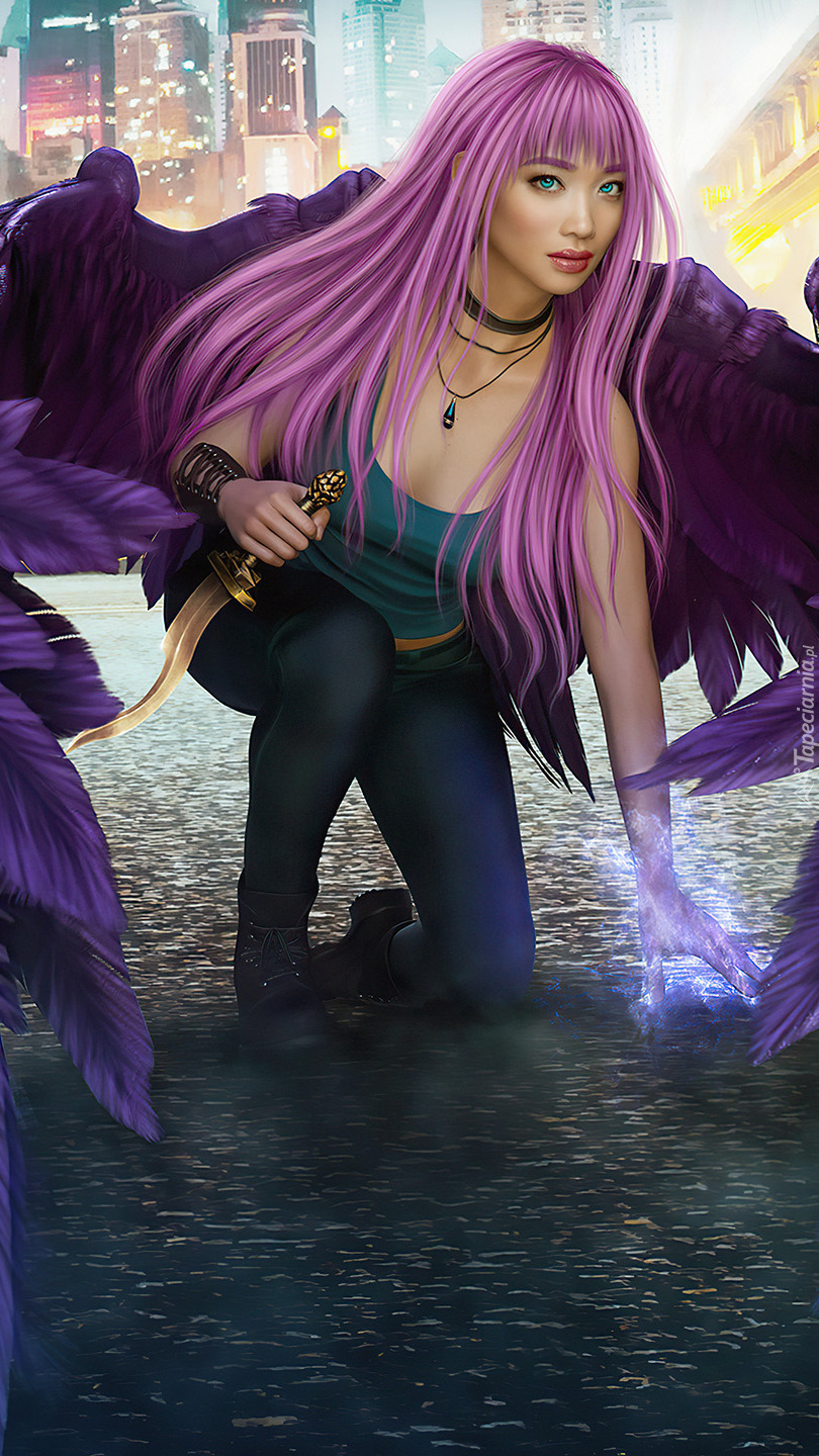 Kobieta ze skrzydłami w grafice fantasy