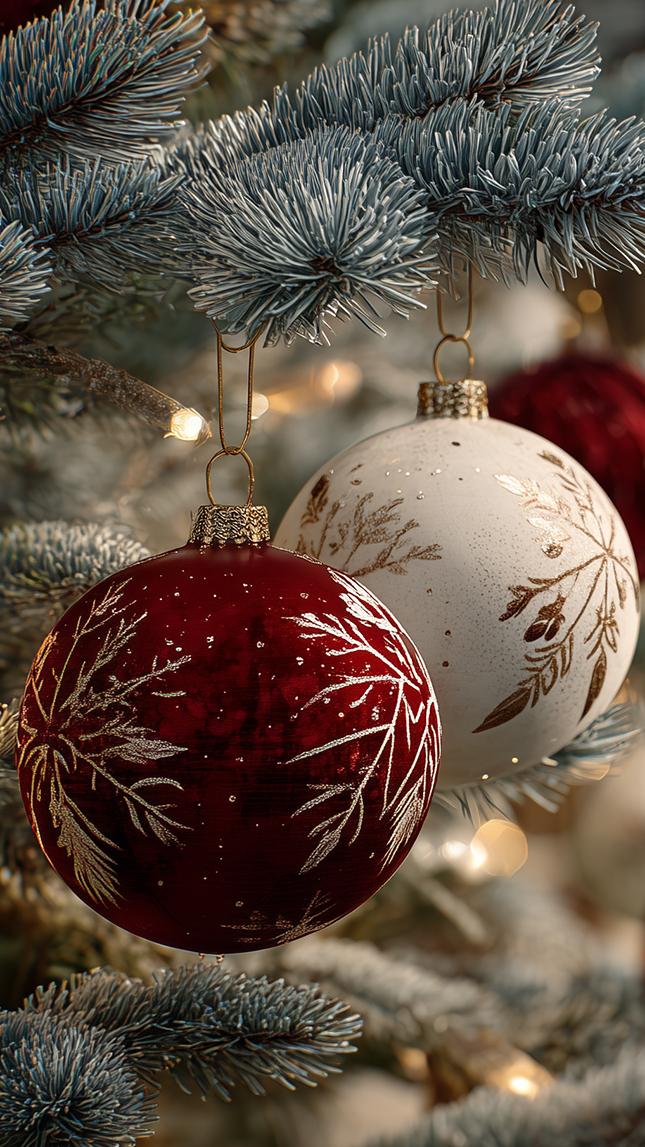 Kolorowe bombki na gałązkach choinki