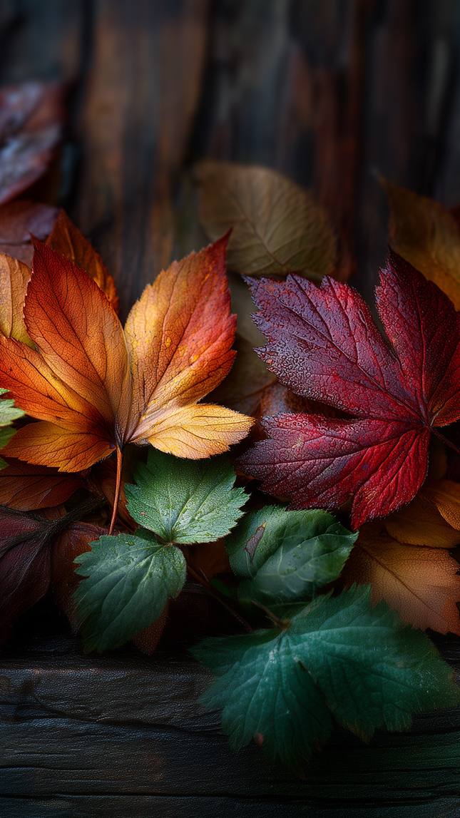 Kolorowe jesienne liście na desce