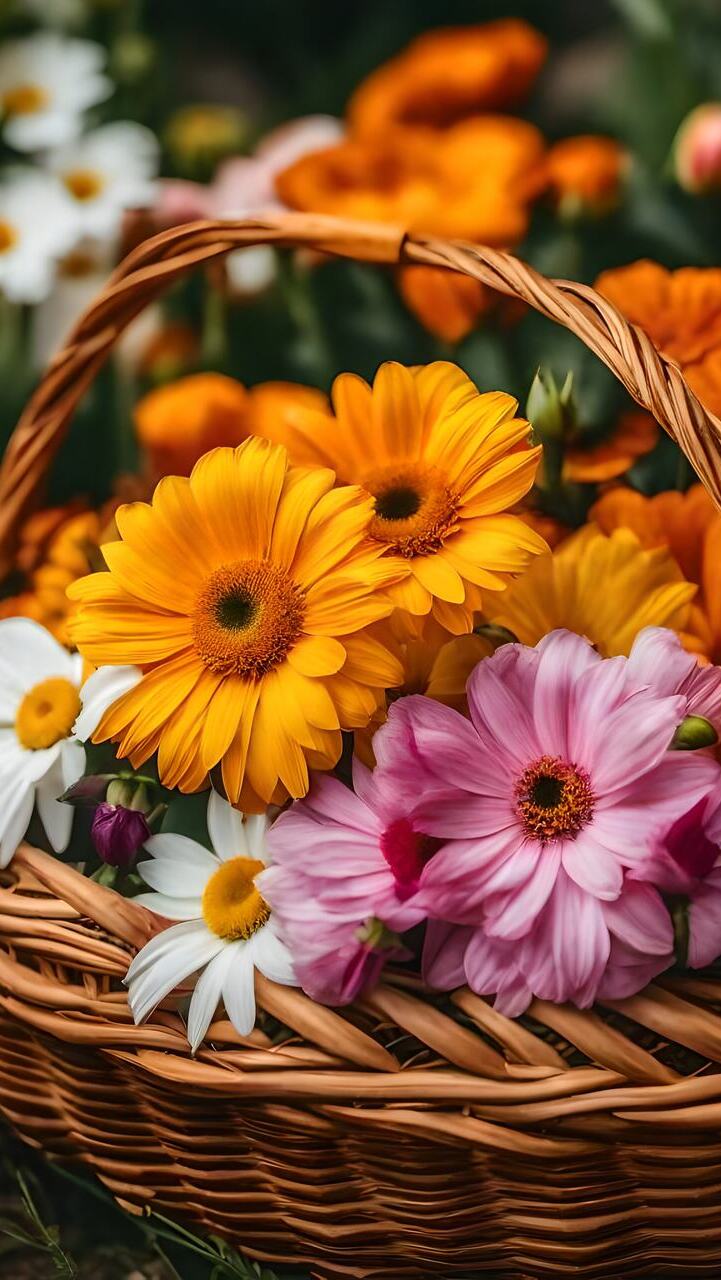 Kolorowe kwiaty w wiklinowym koszyku