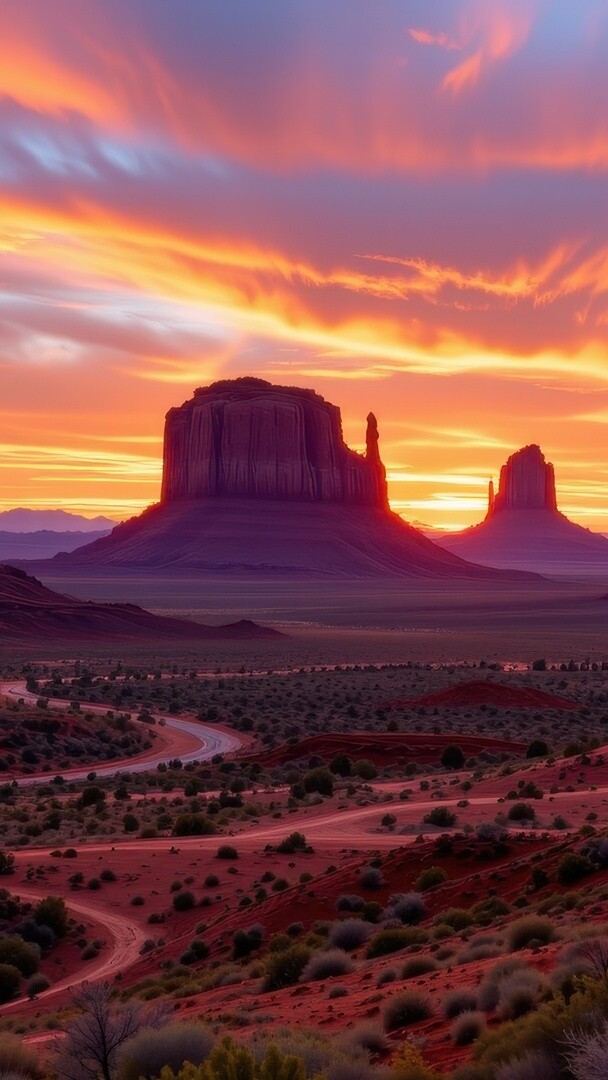 Kolorowe niebo zachodzącego słońca nad doliną Monument Valley w Arizonie