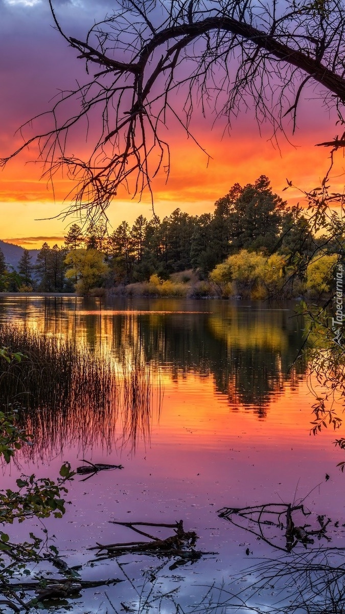 Kolorowe niebo zachodzącego słońca nad jeziorem Goldwater Lake