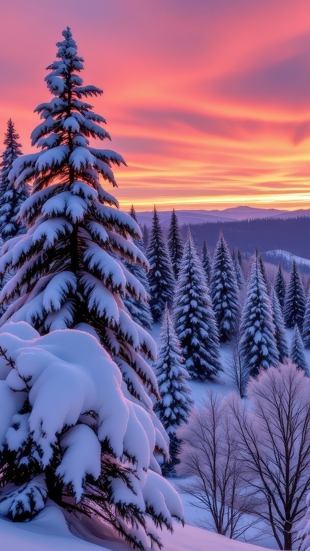 Kolorowe niebo zachodzącego słońca nad ośnieżonymi drzewami